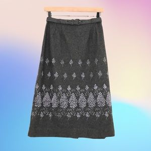 Vintage 1950s gray embroidered belted wool fall winter midi skirt XS 2 4 S VTG